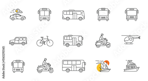Collection of diverse transportation icons representing various modes of travel and commuting