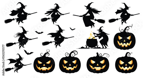 Witchy halloween night with spooky pumpkins flying across the moonlit sky