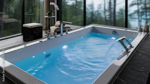 Luxurious bathtub filling with clear blue water in a modern bathroom with large windows and forest view footage.