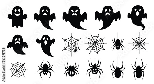 Creepy halloween icons featuring ghosts spiders and cobwebs for spooky designs