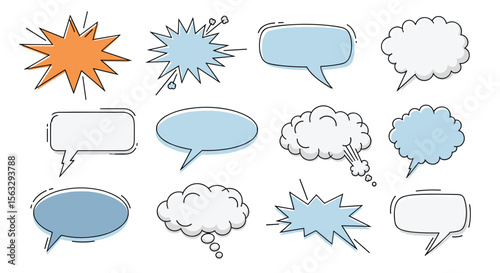 Collection of diverse speech bubbles and comic explosion shapes for communication graphics