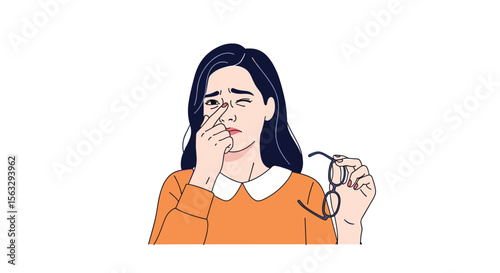 Young woman experiencing eye discomfort and fatigue while holding her eyeglasses
