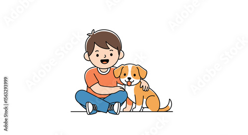 A young boy sitting with his beloved puppy friend enjoying a wonderful moment together