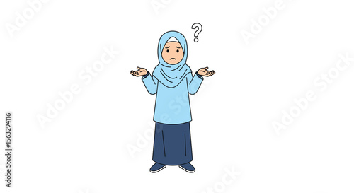 Young woman in hijab expressing confusion and uncertainty with raised hands and question mark