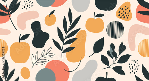 Abstract organic shapes and botanical elements fabric pattern design