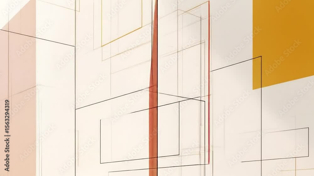 Abstract geometric shapes in muted tones, creating a sense of depth and perspective.  Intersecting lines and translucent forms generate a layered effect.  