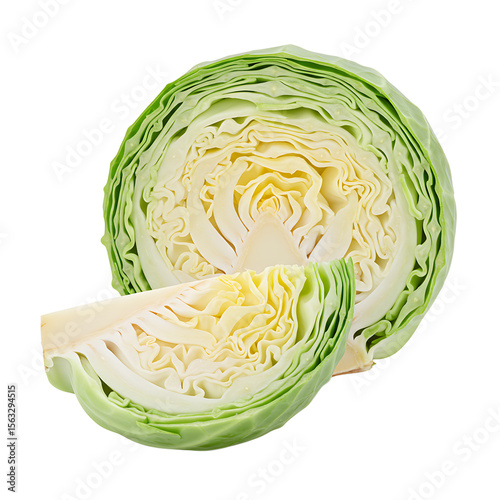 Fresh green cabbage sliced in half showing inner texture  