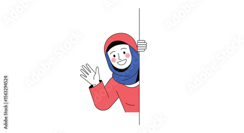 A cheerful person in a red outfit wearing a blue headscarf waves hello and smiles broadly