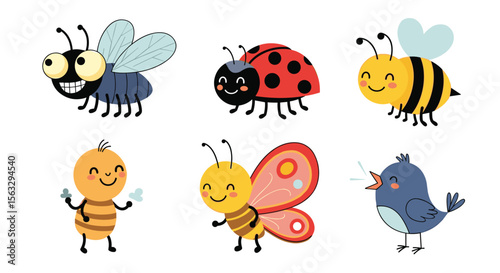 Collection of cute cartoon insects and a friendly bird enjoying a summer day outdoors