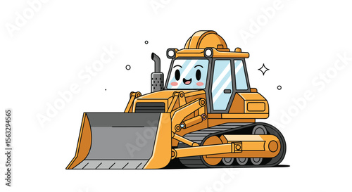 Adorable bulldozer character joyfully working on construction site scenes