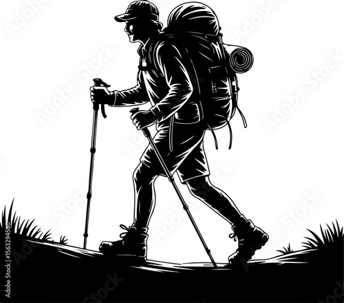 Hiker in Mountain Landscape Silhouette vector graphics