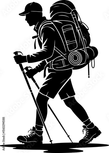 Hiker in Mountain Landscape Silhouette vector graphics