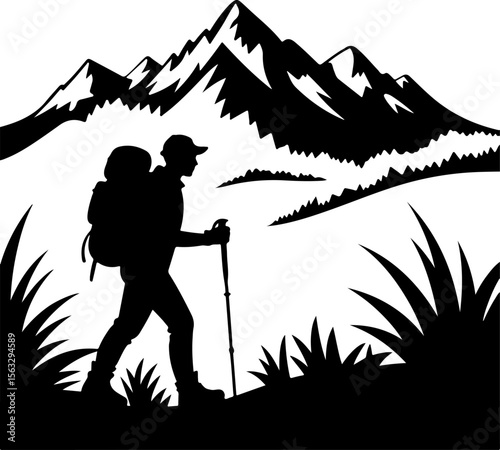 Hiker in Mountain Landscape Silhouette vector graphics