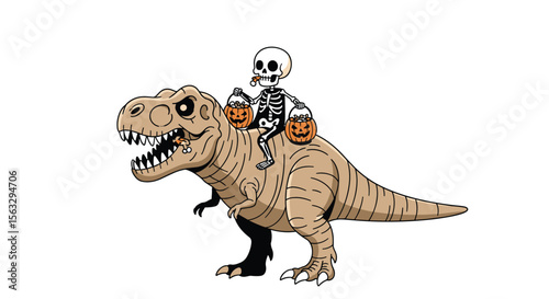 Skeleton rider on dinosaur with pumpkins spooky halloween theme
