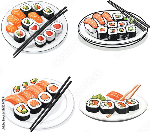 2D_cartoon_illustration_of_a_plate_of_sushi, Sushi set vector illustration