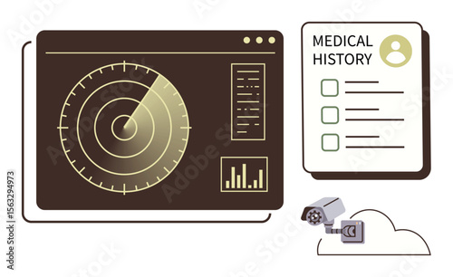 Radar screen with scanning system, digital medical record form, and surveillance cameras. Ideal for security, technology, healthcare data, monitoring, data privacy, digital security simple flat