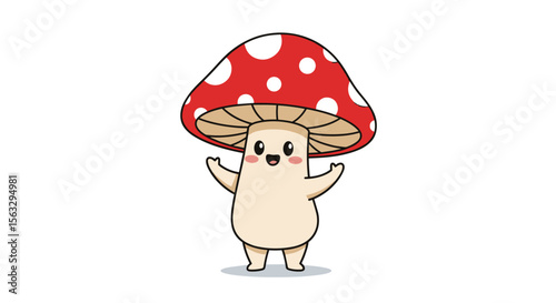 Cute mushroom character with red cap and white spots happiness and joyful