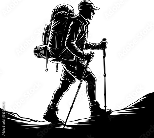 Hiker in Mountain Landscape Silhouette vector graphics