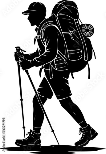 Hiker in Mountain Landscape Silhouette vector graphics