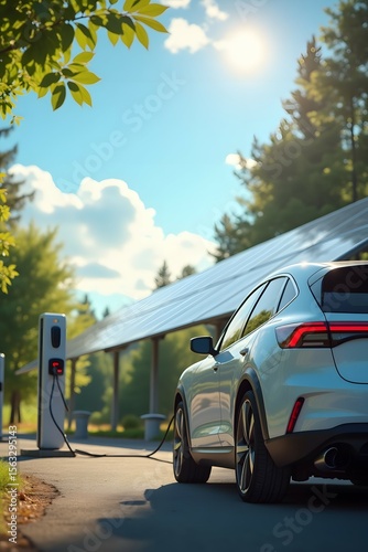 Electric Car Charging at a Solar Station Under a Bright Sunny Sky