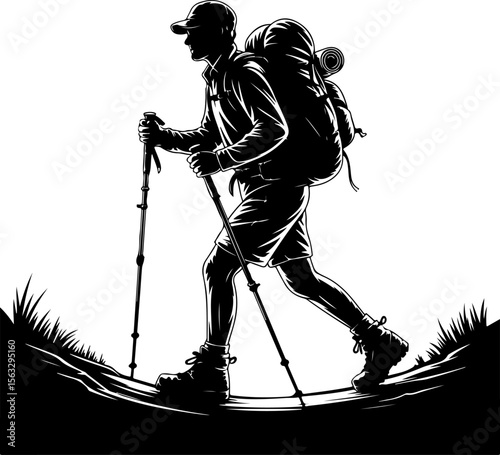 Hiker in Mountain Landscape Silhouette vector graphics