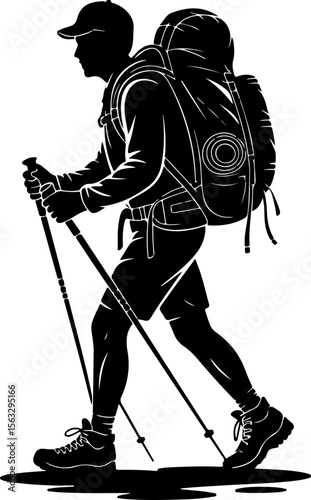 Hiker in Mountain Landscape Silhouette vector graphics