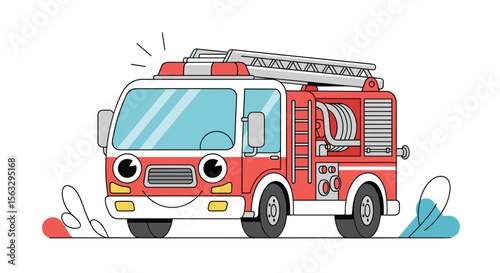 A cheerful red fire truck responds to an emergency call