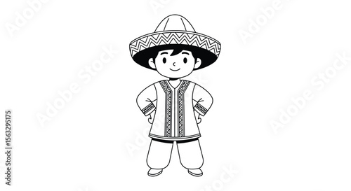 Adorable young person in traditional asian headwear and clothing standing proudly