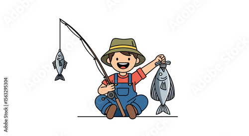 Young boy enjoys a successful day of fishing with two caught fish