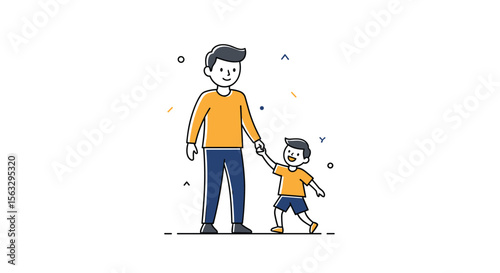 Father and son holding hands walking together outdoors in a park enjoying their time
