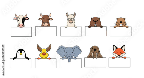 Adorable pixel art animals holding blank signs for creative messaging