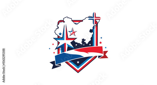 Patriotic celebration emblem featuring national symbols and festive decorations