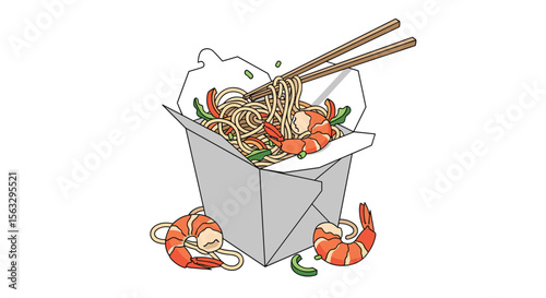 Delicious shrimp noodles in a takeout box with fresh ingredients and chopsticks
