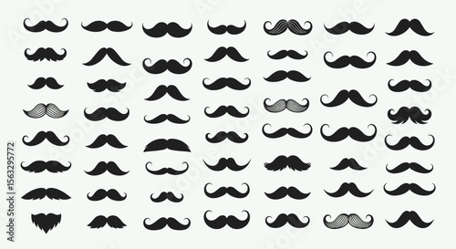Collection of various moustache styles represented in silhouette form for design projects