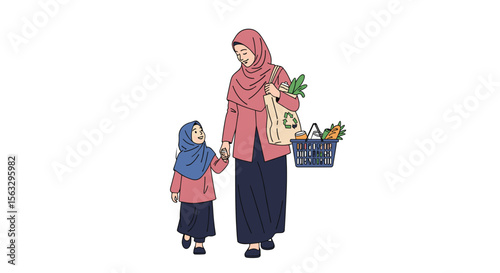 Mother and daughter grocery shopping together holding hands