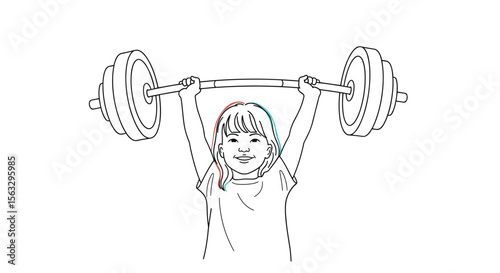 Young child demonstrates strength lifting heavy barbell overhead in fitness training session