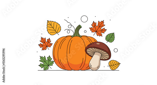Autumn harvest pumpkin and mushroom with falling leaves for thanksgiving season celebration