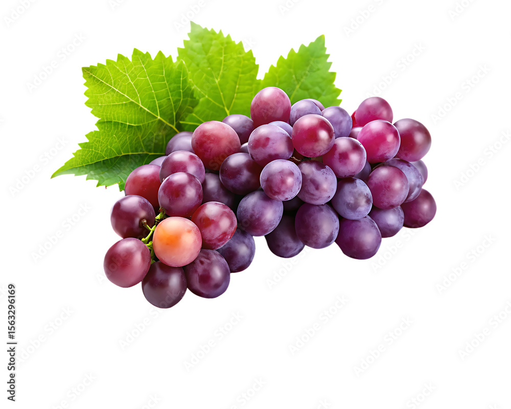 Fototapeta premium fresh purple grapes with green leaf on checkered isolated on white background PNG , AI GENERATED