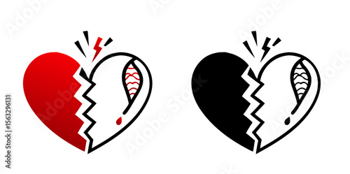 Broken heart icon in red and black colors with a unique design style