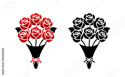 Bouquet of roses icon in red and black colors, symbolizing love and romance