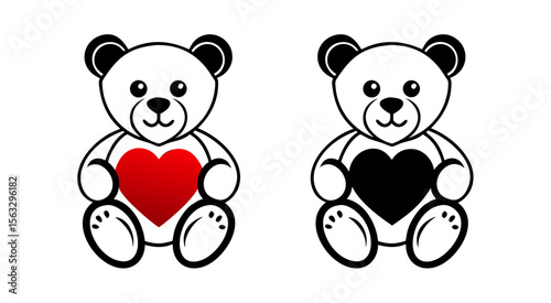 Cute teddy bears holding hearts icon in red and black colors, playful design
