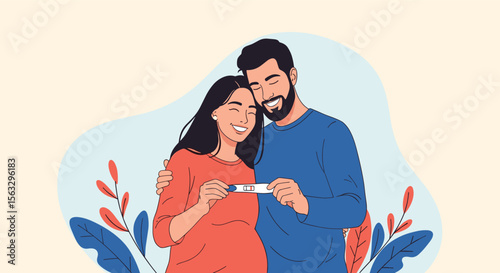 Joyful couple shares positive pregnancy test results amidst floral decorations