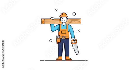 Skilled tradesperson constructing buildings with wooden beams and tools