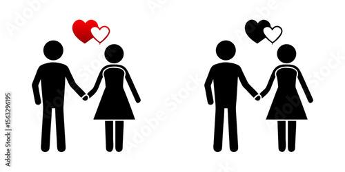 Couple holding hands icon with hearts above in red and black colors