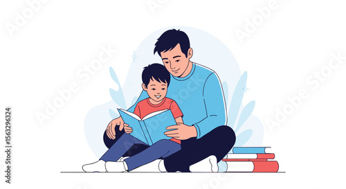 Father and son enjoying a storybook together outdoors learning reading education family bonding childhood moments