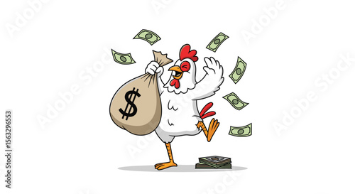 A happy chicken carries a sack of money while cash falls around it celebrating financial success