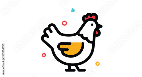 Whimsical chicken illustration with colorful festive accents and simple farm animal iconography