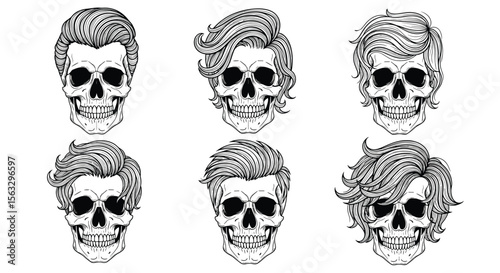 Collection of stylized skulls with unique hair designs for graphic projects