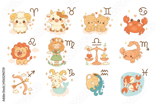 Zodiac signs illustration set, twelve cute cartoon icons