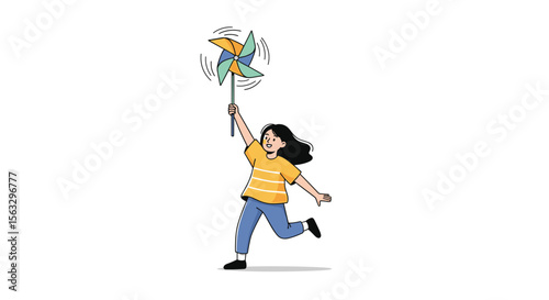 A young girl joyfully chasing a colorful pinwheel on a bright sunny day
